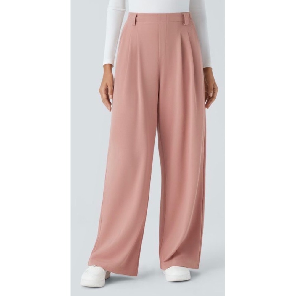 Halara NWT High Waisted Wide Leg Pleated Trousers Pink Petite Small